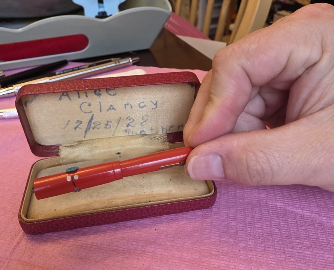 Clancy, the red Peter Pan fountain pen, in its dated presentation case