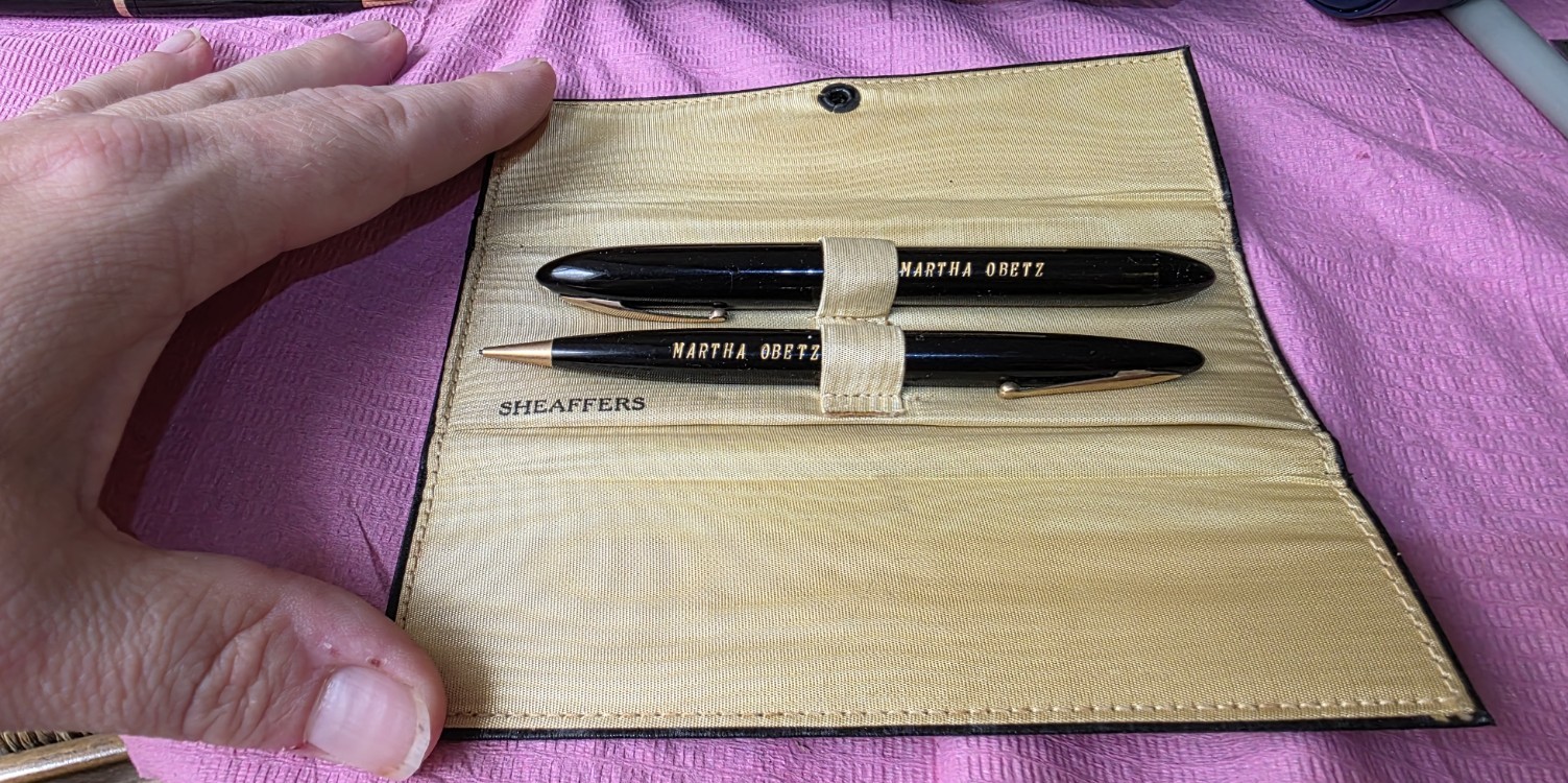 Martha Obetz's personalized Sheaffer fountain pen and pencil in their original case